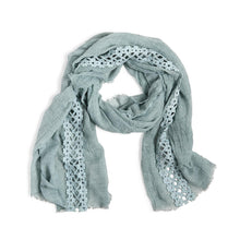 Load image into Gallery viewer, Woven Whimsy Crochet Inset Soft and Gauzy Scarf