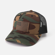 Load image into Gallery viewer, American Flag Hat - Leather Patch Trucker Snapback