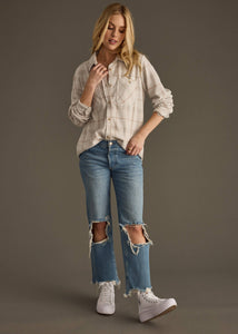Tan, Brown & Gray Plaid Button Up