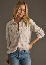 Load image into Gallery viewer, Tan, Brown &amp; Gray Plaid Button Up
