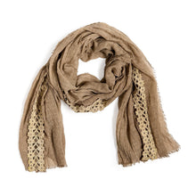 Load image into Gallery viewer, Woven Whimsy Crochet Inset Soft and Gauzy Scarf
