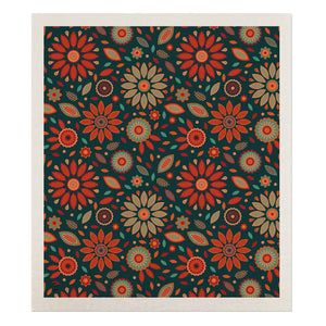 Orange and Teal Floral Swedish Dishcloth