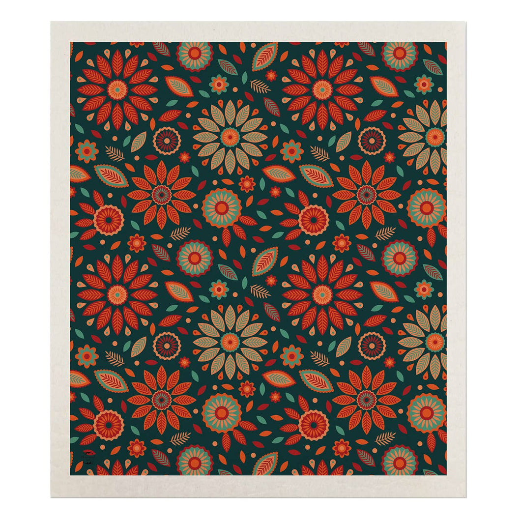 Orange and Teal Floral Swedish Dishcloth
