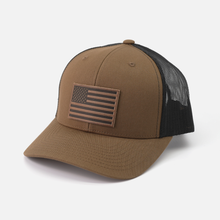 Load image into Gallery viewer, American Flag Hat - Leather Patch Trucker Snapback
