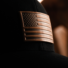 Load image into Gallery viewer, American Flag Hat - Leather Patch Trucker Snapback
