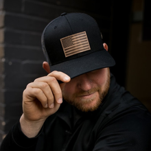 Load image into Gallery viewer, American Flag Hat - Leather Patch Trucker Snapback
