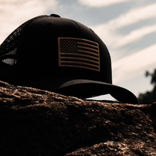Load image into Gallery viewer, American Flag Hat - Leather Patch Trucker Snapback
