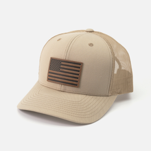 Load image into Gallery viewer, American Flag Hat - Leather Patch Trucker Snapback
