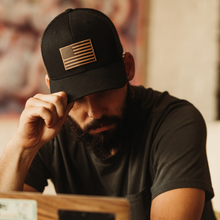 Load image into Gallery viewer, American Flag Hat - Leather Patch Trucker Snapback

