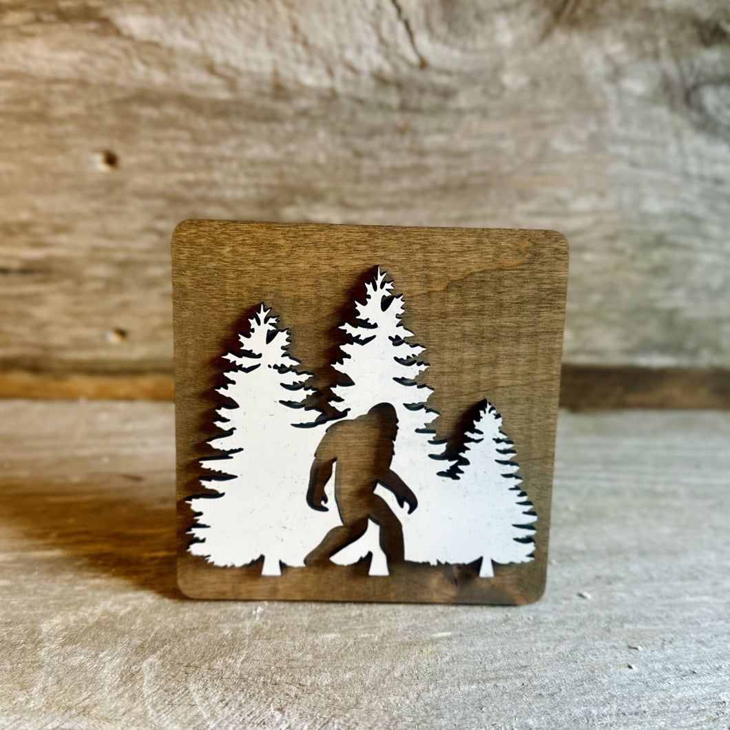 Sasquatch in the Trees Mini Wood Shelf Sitter Sign