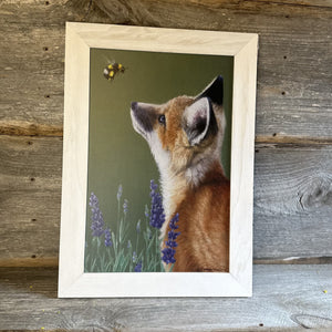 Little Fox and Bumble Bee White Framed Print