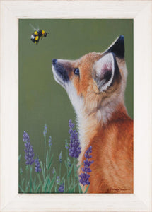 Little Fox and Bumble Bee White Framed Print