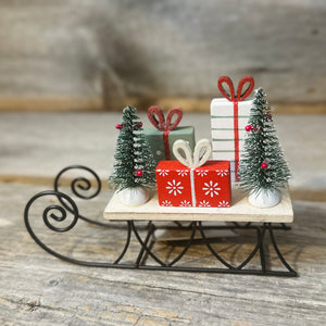 Holiday Decorations on Wood Sleigh