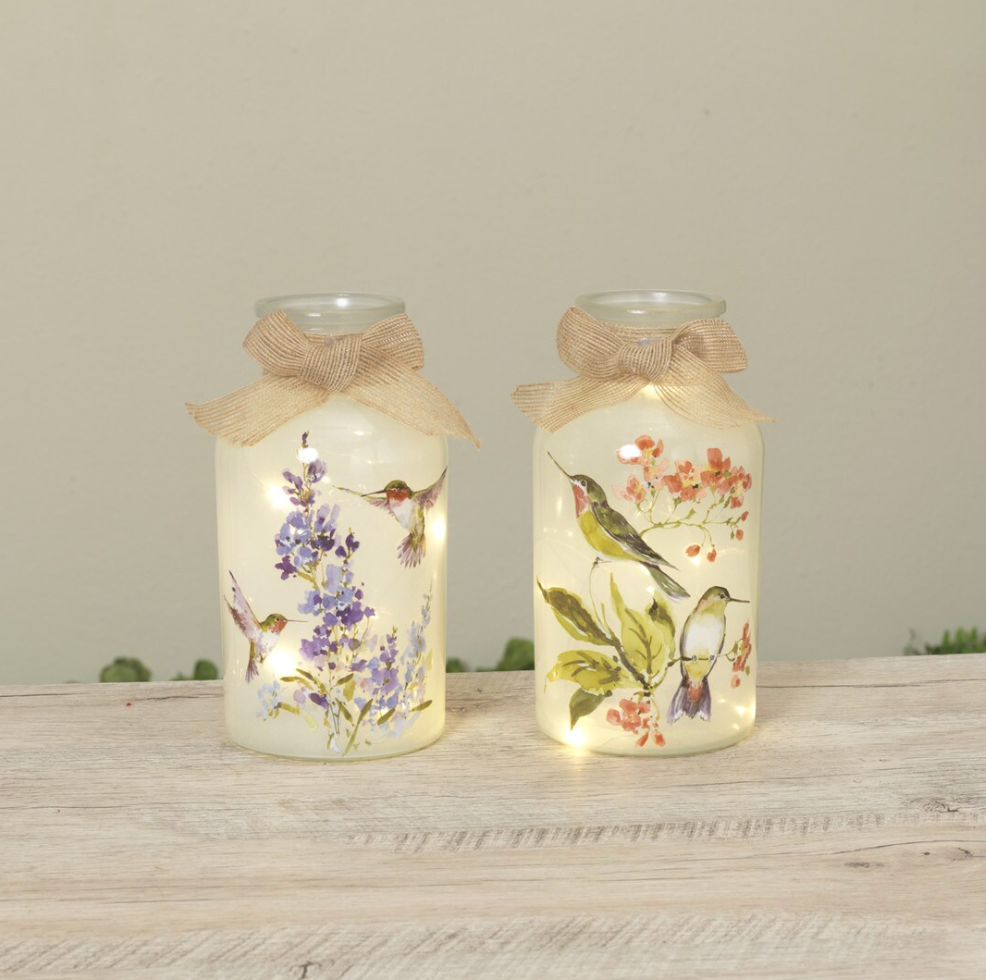 Lighted Glass Hummingbird Jar with Bow