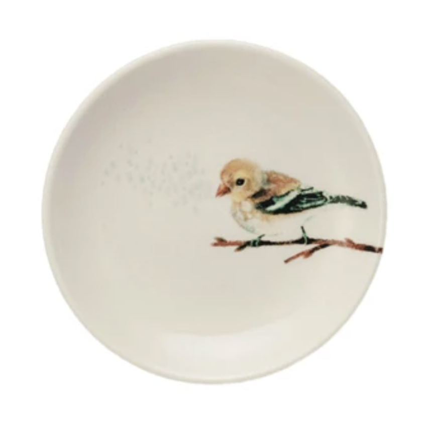 Round Stoneware Dish with Bird on Branch