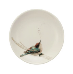 Round Stoneware Dish with Bird on Branch