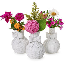 Load image into Gallery viewer, Bowed Beauties Basket Weave Pattern White Vases
