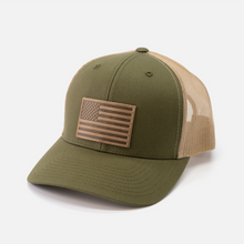 Load image into Gallery viewer, American Flag Hat - Leather Patch Trucker Snapback
