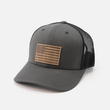 Load image into Gallery viewer, American Flag Hat - Leather Patch Trucker Snapback
