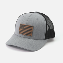 Load image into Gallery viewer, American Flag Hat - Leather Patch Trucker Snapback
