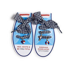 Load image into Gallery viewer, Red, White &amp; Be-You-Tiful Pair of Gingham Shoelaces with 3 Charms on Gift Card

