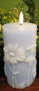 Realistic Flame Blue Daisy Pillar Candle