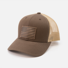 Load image into Gallery viewer, American Flag Hat - Leather Patch Trucker Snapback

