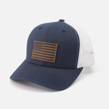 Load image into Gallery viewer, American Flag Hat - Leather Patch Trucker Snapback
