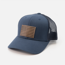Load image into Gallery viewer, American Flag Hat - Leather Patch Trucker Snapback
