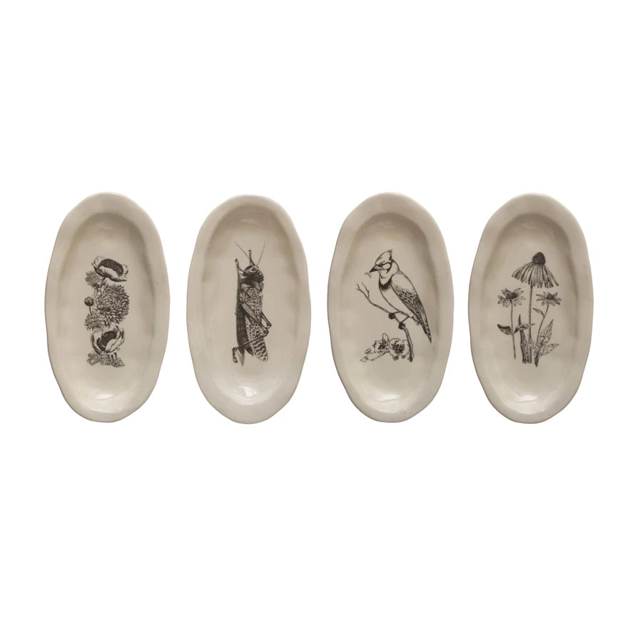 Stoneware Organic Shape Plate with Flora and Fauna