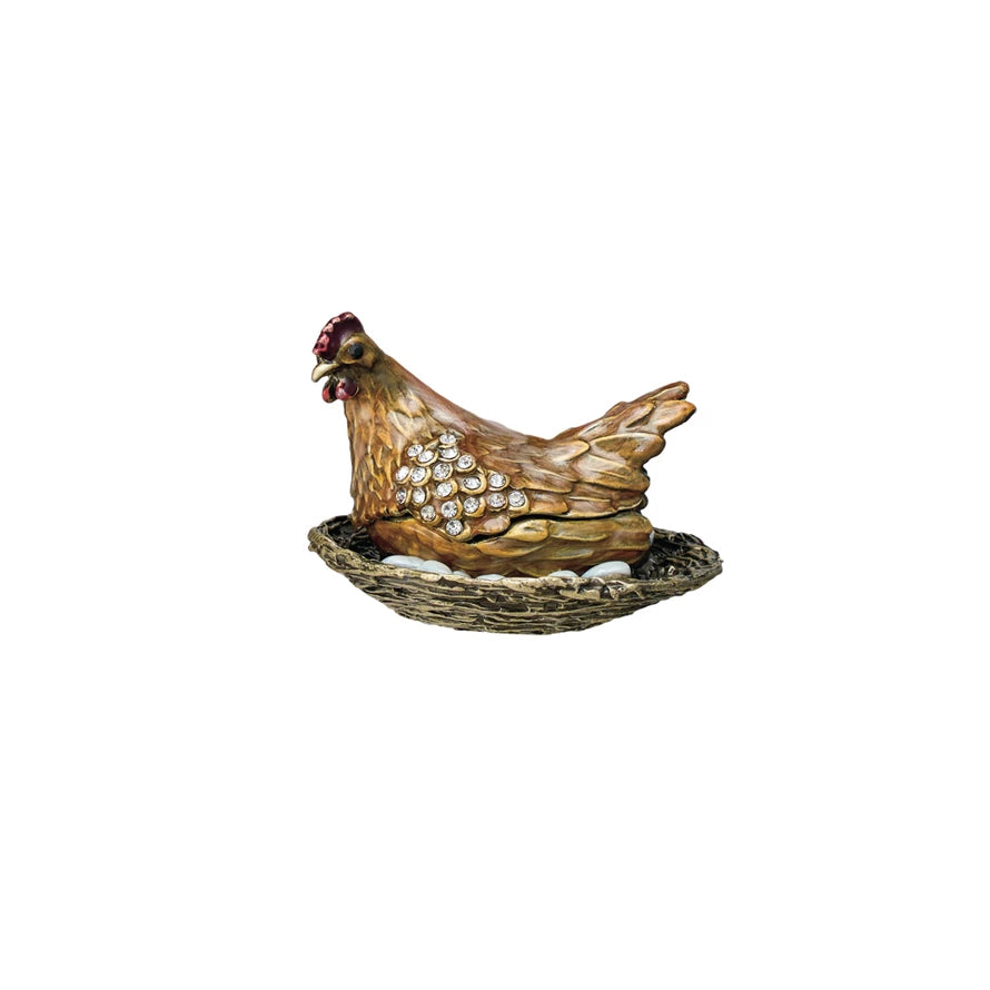 Enameled Metal Hen on a Nest Trinket Box