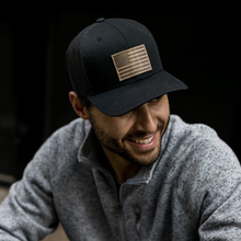 Load image into Gallery viewer, American Flag Hat - Leather Patch Trucker Snapback
