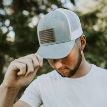Load image into Gallery viewer, American Flag Hat - Leather Patch Trucker Snapback
