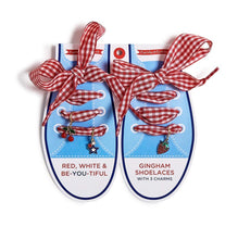 Load image into Gallery viewer, Red, White &amp; Be-You-Tiful Pair of Gingham Shoelaces with 3 Charms on Gift Card
