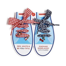 Load image into Gallery viewer, Red, White &amp; Be-You-Tiful Pair of Gingham Shoelaces with 3 Charms on Gift Card
