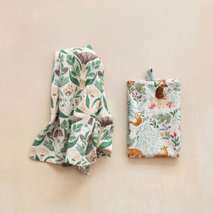 Cotton Printed Tea Towel with Woodland Flora/Fauna Pattern